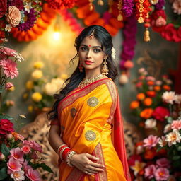 a beautiful Indian woman in a tasteful artistic setting, dressed in colorful traditional attire, showcasing her grace and elegance in a vibrant, culturally rich environment with flowers and intricate decorations, emphasizing empowerment and femininity, with a soft light illuminating her figure