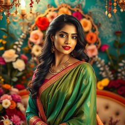a beautiful Indian woman in a tasteful artistic setting, dressed in colorful traditional attire, showcasing her grace and elegance in a vibrant, culturally rich environment with flowers and intricate decorations, emphasizing empowerment and femininity, with a soft light illuminating her figure