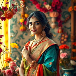 a beautiful Indian woman in a tasteful artistic setting, dressed in colorful traditional attire, showcasing her grace and elegance in a vibrant, culturally rich environment with flowers and intricate decorations, emphasizing empowerment and femininity, with a soft light illuminating her figure