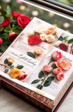 A beautiful album of roses featuring an assortment of rose varieties including red, white, yellow, and pink roses arranged artfully on elegant pages
