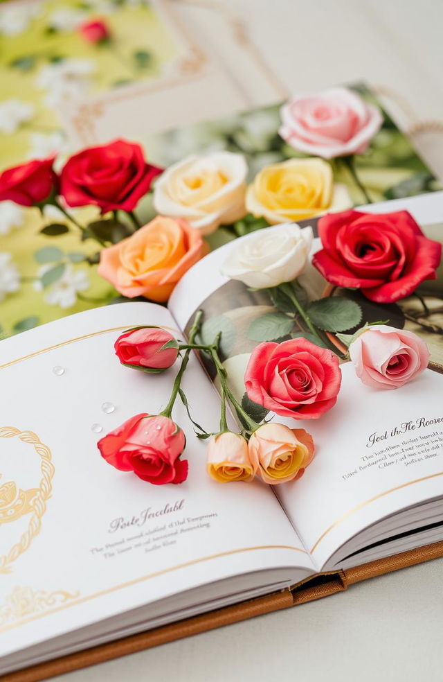 A beautiful album of roses featuring an assortment of rose varieties including red, white, yellow, and pink roses arranged artfully on elegant pages