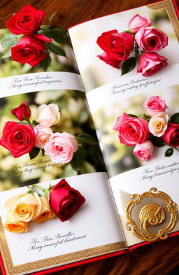 A beautiful album of roses featuring an assortment of rose varieties including red, white, yellow, and pink roses arranged artfully on elegant pages