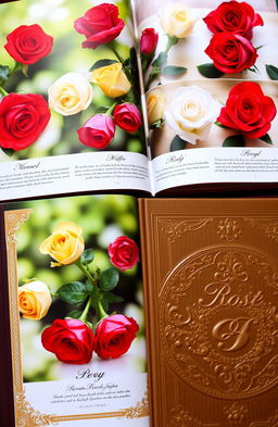 A beautiful album of roses featuring an assortment of rose varieties including red, white, yellow, and pink roses arranged artfully on elegant pages