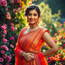 a stunning Indian woman posing confidently in a vibrant traditional outfit with intricate embroidery, her expression is charming and empowering, surrounded by a beautiful garden filled with blooming flowers and rich greenery, warm sunlight creating a soft glow, highlighting her beauty and strength