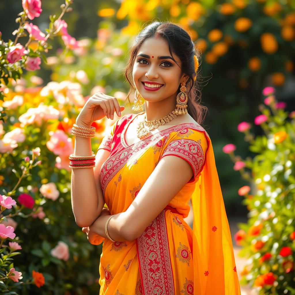 a stunning Indian woman posing confidently in a vibrant traditional outfit with intricate embroidery, her expression is charming and empowering, surrounded by a beautiful garden filled with blooming flowers and rich greenery, warm sunlight creating a soft glow, highlighting her beauty and strength