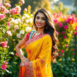 a stunning Indian woman posing confidently in a vibrant traditional outfit with intricate embroidery, her expression is charming and empowering, surrounded by a beautiful garden filled with blooming flowers and rich greenery, warm sunlight creating a soft glow, highlighting her beauty and strength