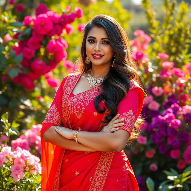 a stunning Indian woman posing confidently in a vibrant traditional outfit with intricate embroidery, her expression is charming and empowering, surrounded by a beautiful garden filled with blooming flowers and rich greenery, warm sunlight creating a soft glow, highlighting her beauty and strength