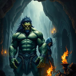 A realistic fantasy book cover depicting a large, dark green-skinned Orc with striking black hair standing confidently
