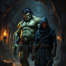 A realistic fantasy book cover depicting a large, dark green-skinned Orc with striking black hair standing confidently