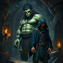 A realistic fantasy book cover depicting a large, dark green-skinned Orc with striking black hair standing confidently