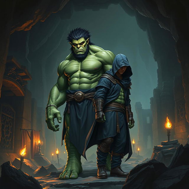 A realistic fantasy book cover depicting a large, dark green-skinned Orc with striking black hair standing confidently