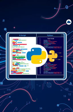 An illustration demonstrating the integration of R and Python scripts in Power BI, featuring a split-screen view