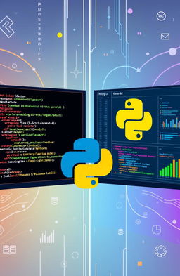 An illustration demonstrating the integration of R and Python scripts in Power BI, featuring a split-screen view