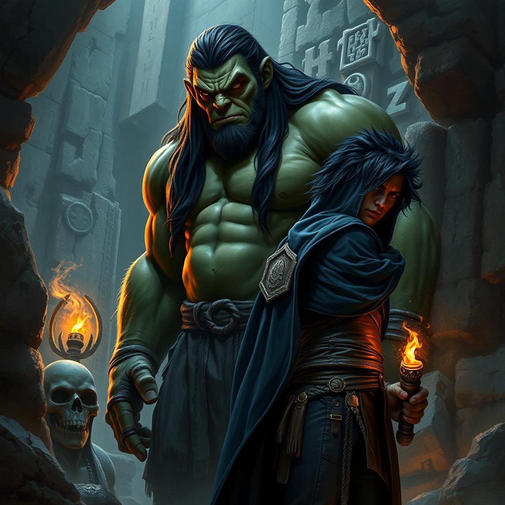 A realistic fantasy book cover featuring a large, dark green-skinned Orc with long black hair, exuding strength and power