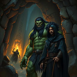 A realistic fantasy book cover featuring a large, dark green-skinned Orc with long black hair, exuding strength and power
