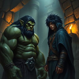 A realistic fantasy book cover featuring a large, dark green-skinned Orc with long black hair, exuding strength and power