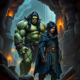 A realistic fantasy book cover featuring a large, dark green-skinned Orc with long black hair, exuding strength and power