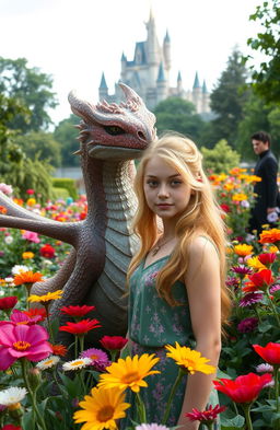 An 18-year-old human girl with strawberry blonde hair and brown eyes is standing in a stunning garden filled with a variety of vibrant flowers