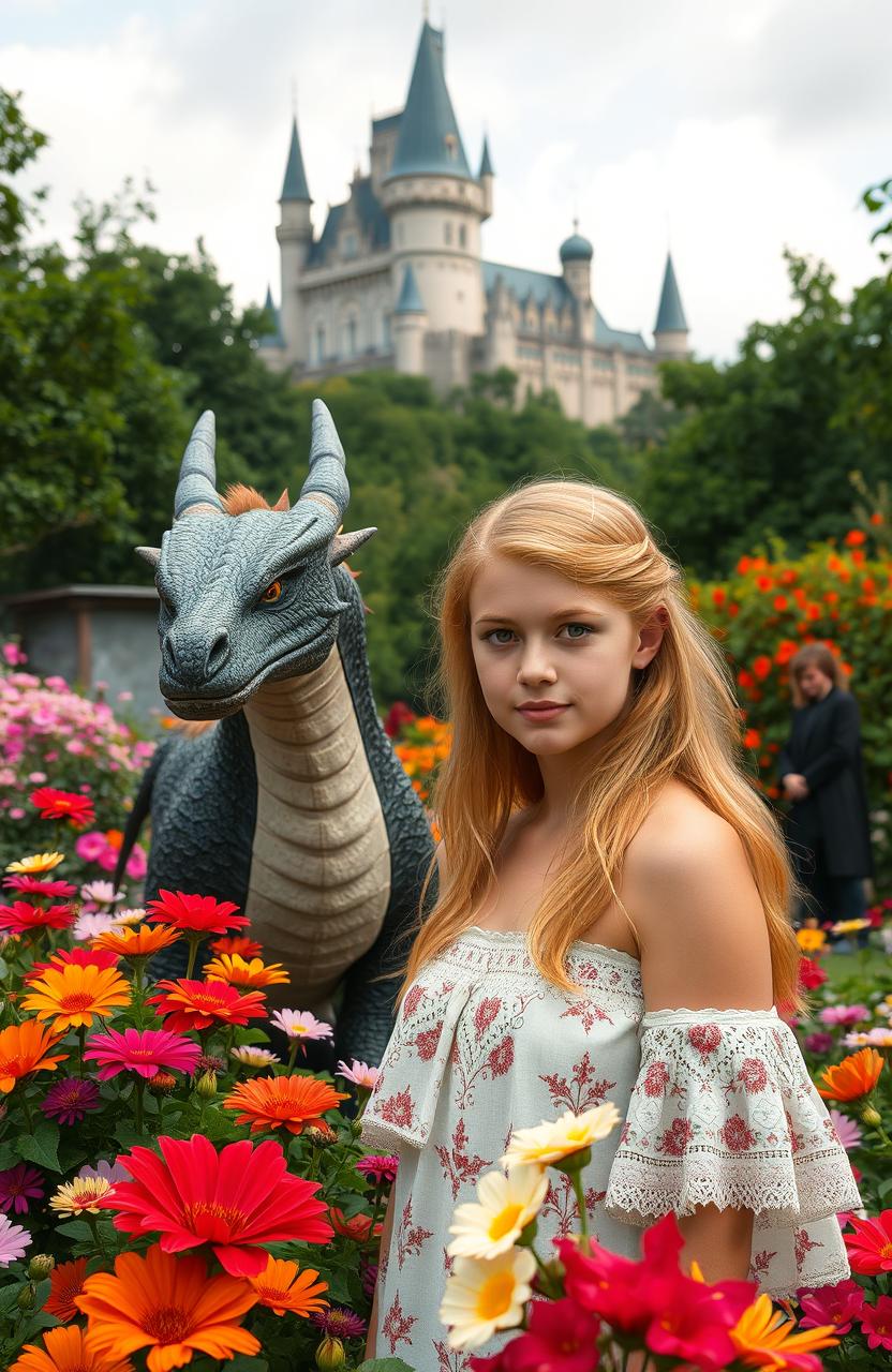 An 18-year-old human girl with strawberry blonde hair and brown eyes is standing in a stunning garden filled with a variety of vibrant flowers