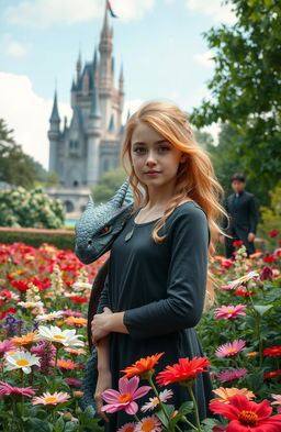 An 18-year-old human girl with strawberry blonde hair and brown eyes is standing in a stunning garden filled with a variety of vibrant flowers