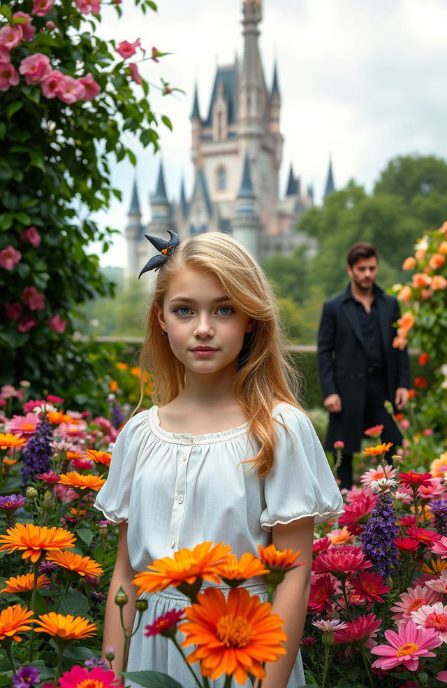 An 18-year-old human girl with strawberry blonde hair and brown eyes is standing in a stunning garden filled with a variety of vibrant flowers