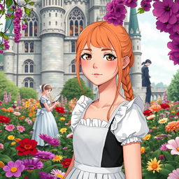 An 18-year-old human girl with strawberry blonde hair and brown eyes is standing in a beautiful garden filled with a variety of colorful flowers