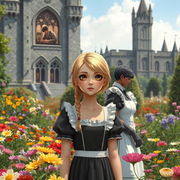 An 18-year-old human girl with strawberry blonde hair and brown eyes is standing in a beautiful garden filled with a variety of colorful flowers