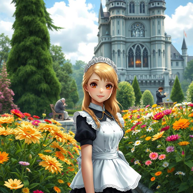 An 18-year-old human girl with strawberry blonde hair and brown eyes is standing in a beautiful garden filled with a variety of colorful flowers