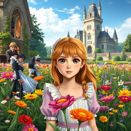 An 18-year-old human girl with strawberry blonde hair and brown eyes is standing in a beautiful garden filled with a variety of colorful flowers