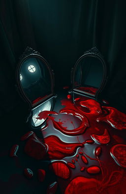 A surreal and striking artwork depicting mirrors partially submerged in a pool of deep crimson blood