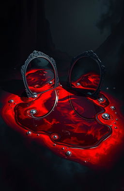 A surreal and striking artwork depicting mirrors partially submerged in a pool of deep crimson blood