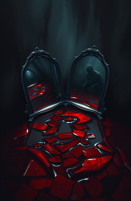 A surreal and striking artwork depicting mirrors partially submerged in a pool of deep crimson blood