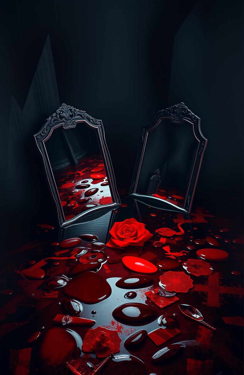 A surreal and striking artwork depicting mirrors partially submerged in a pool of deep crimson blood