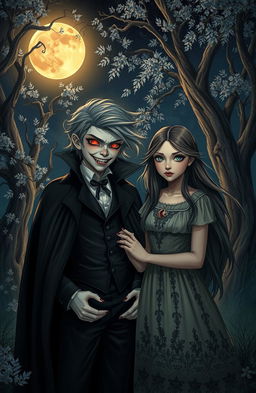 A captivating scene featuring a boy vampire and a girl human in a moonlit forest