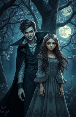 A captivating scene featuring a boy vampire and a girl human in a moonlit forest