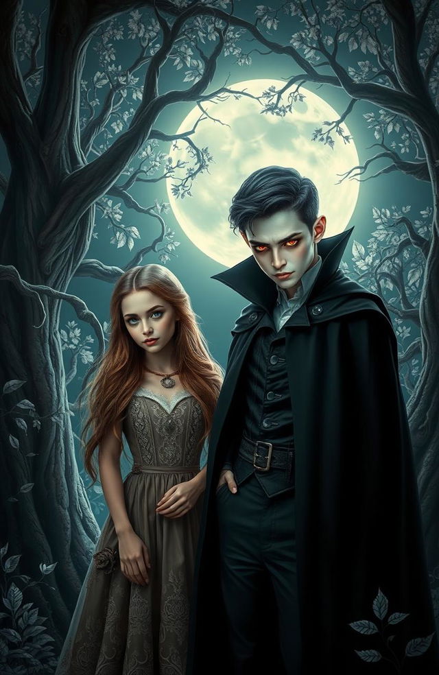 A captivating scene featuring a boy vampire and a girl human in a moonlit forest