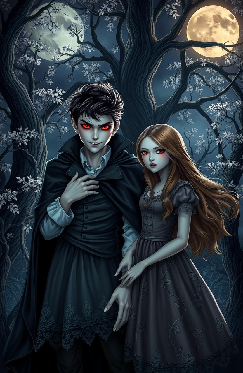 A captivating scene featuring a boy vampire and a girl human in a moonlit forest