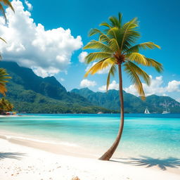 A breathtaking landscape showcasing a serene travel destination, such as a tropical beach with crystal clear turquoise waters, soft white sand, and palm trees swaying gently in the warm breeze