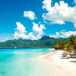 A breathtaking landscape showcasing a serene travel destination, such as a tropical beach with crystal clear turquoise waters, soft white sand, and palm trees swaying gently in the warm breeze
