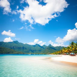 A breathtaking landscape showcasing a serene travel destination, such as a tropical beach with crystal clear turquoise waters, soft white sand, and palm trees swaying gently in the warm breeze