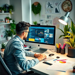 A professional web designer working on a computer at their desk, surrounded by colorful design tools and a modern workspace