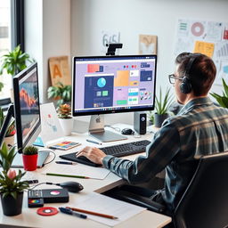 A professional web designer working on a computer at their desk, surrounded by colorful design tools and a modern workspace