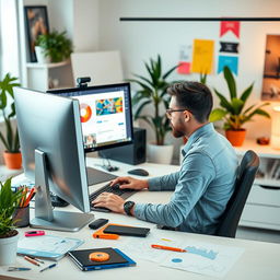 A professional web designer working on a computer at their desk, surrounded by colorful design tools and a modern workspace