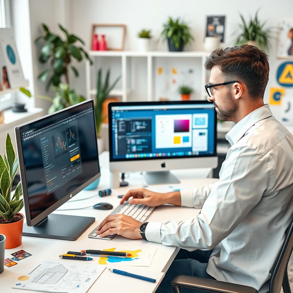 A professional web designer working on a computer at their desk, surrounded by colorful design tools and a modern workspace