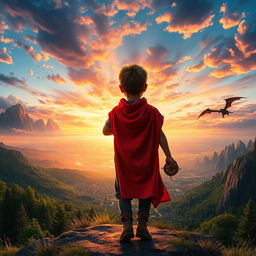 A young boy seen from behind on an epic journey across Earth, seeking magical artifacts from Asgard