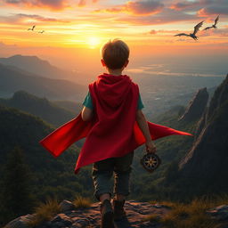 A young boy seen from behind on an epic journey across Earth, seeking magical artifacts from Asgard