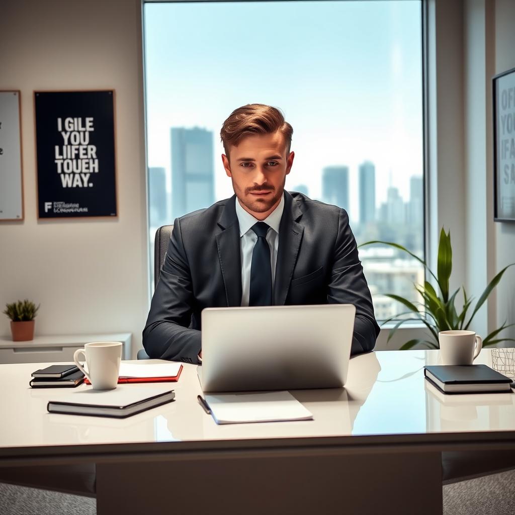 A focused man sitting behind a sleek, modern desk in an office setting