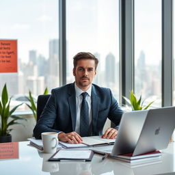 A focused man sitting behind a sleek, modern desk in an office setting