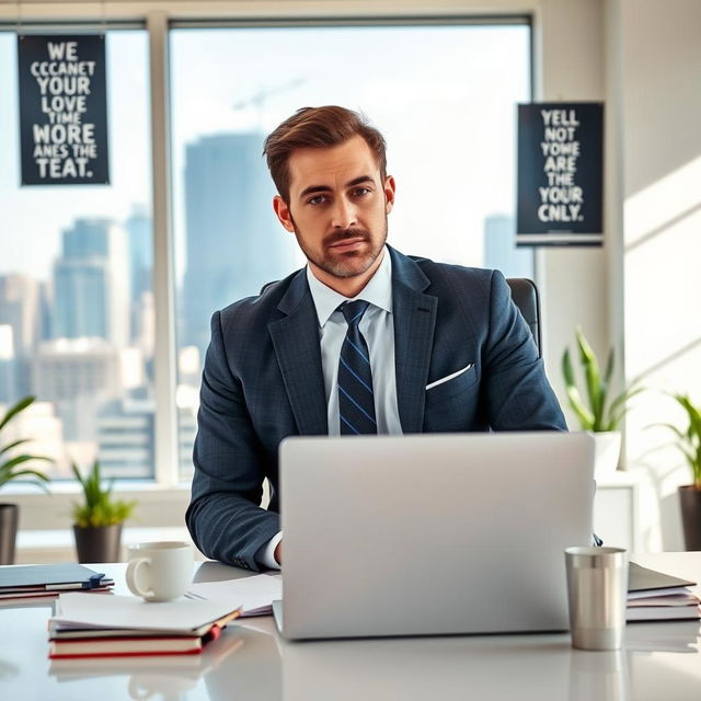 A focused man sitting behind a sleek, modern desk in an office setting