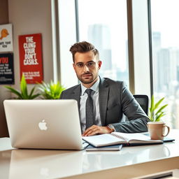 A focused man sitting behind a sleek, modern desk in an office setting